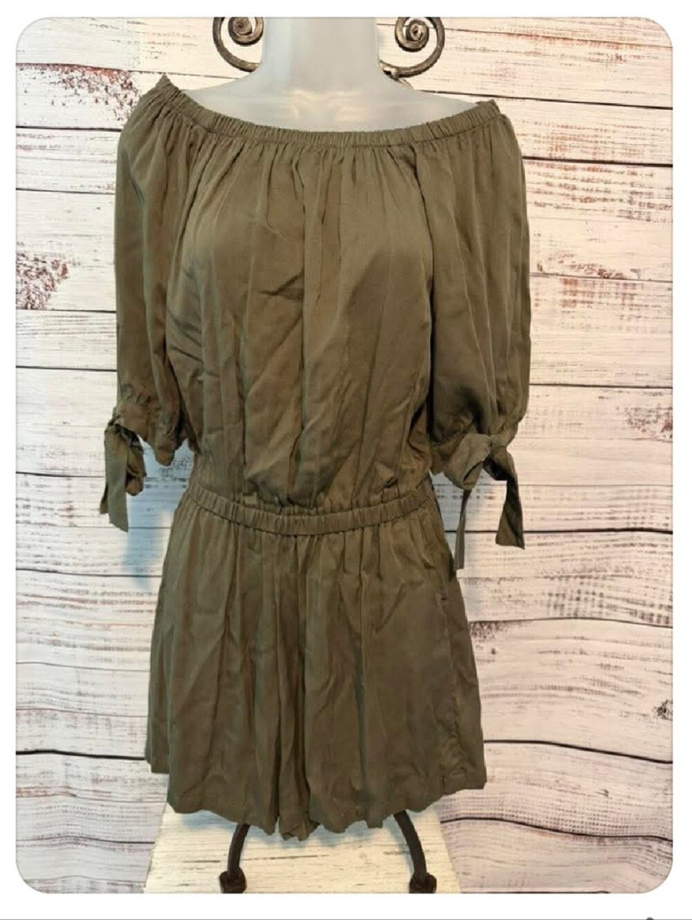 eesome Olive Green Off-Shoulder Romper with Tie Sleeves